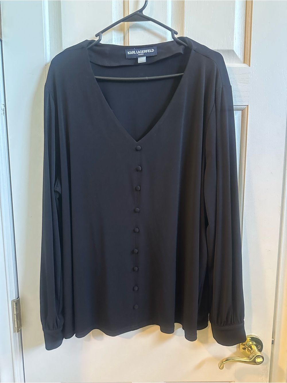 Karl Lagerfeld Black Long-Sleeve V-Neck Button Blouse